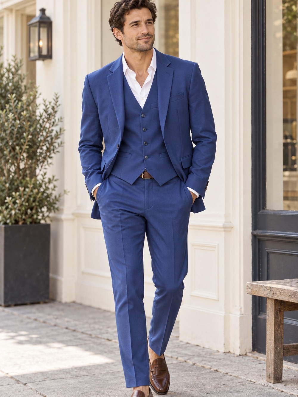 CARAVELLI Kenzo Cobalt Blue Slim Fit Three Piece Suit 38R Jacket 32W Pant & Vest